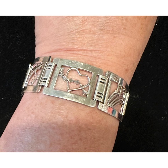 1940's Sterling Silver Picture Panel Bracelet Love Music Nature Celestrial - Picture 9 of 9